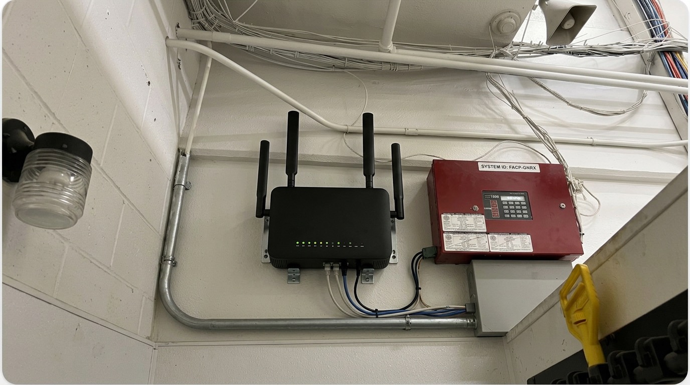 Black LTE POTS replacement gateway wall-mounted beside a red fire alarm control panel, with conduit and cable bundles in a commercial utility space (illustrative composite).